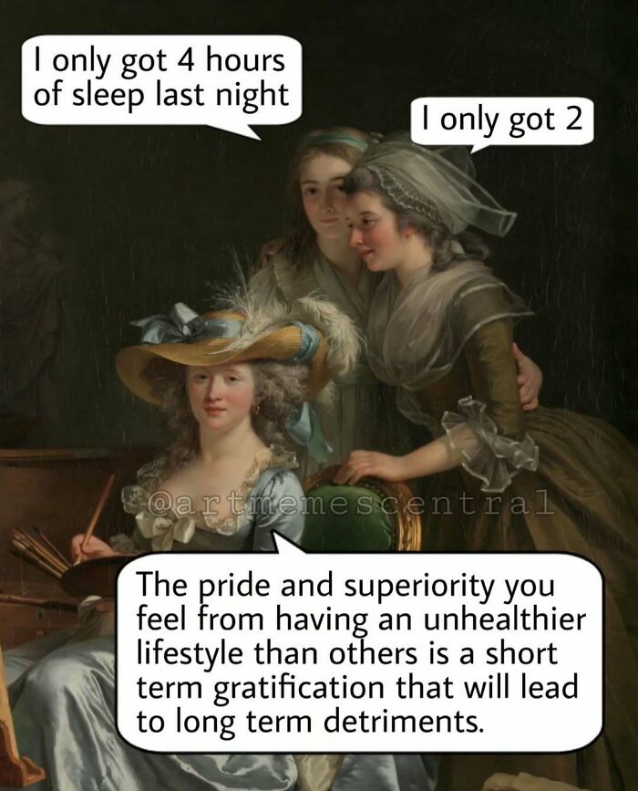 Classical art meme shows three women discussing sleep with humorous modern speech bubbles for art lovers.