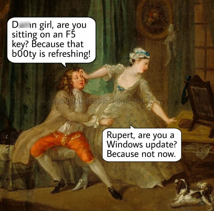 Classical art lovers meme with humorous conversation about computer keys and Windows update in a vintage painting scene.