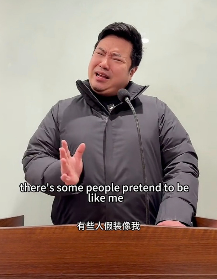 Chinese TikToker performing a viral impression of U.S. President while standing at a podium and speaking into a microphone.