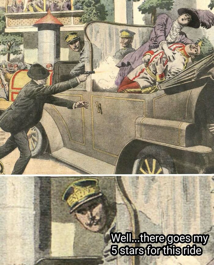 Classic art meme showing a vintage car shooting with a humorous caption for classical art lovers.