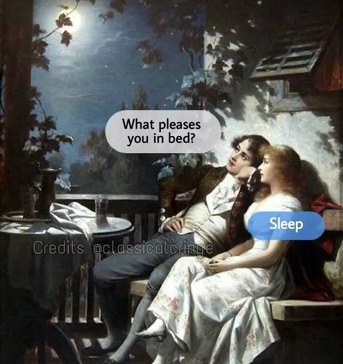 Classical art meme showing a couple on a bench under moonlight with a humorous text conversation about sleep.