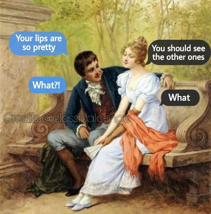 Classical art lovers meme showing a couple in vintage attire exchanging humorous compliments on a garden bench.