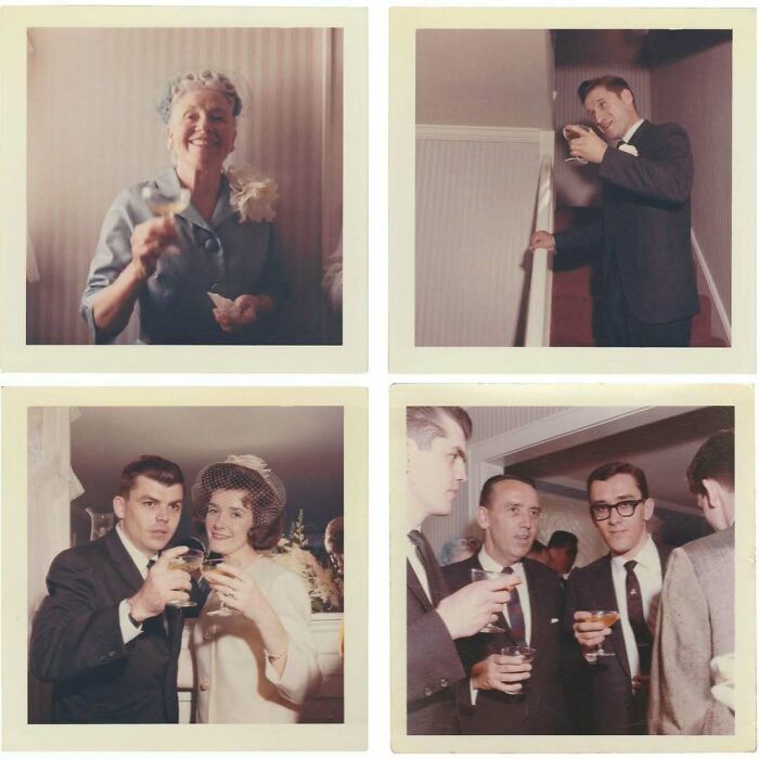 Group of people dressed in vintage attire socializing and toasting drinks in a classic setting, showcasing mesmerizing vintage photos.