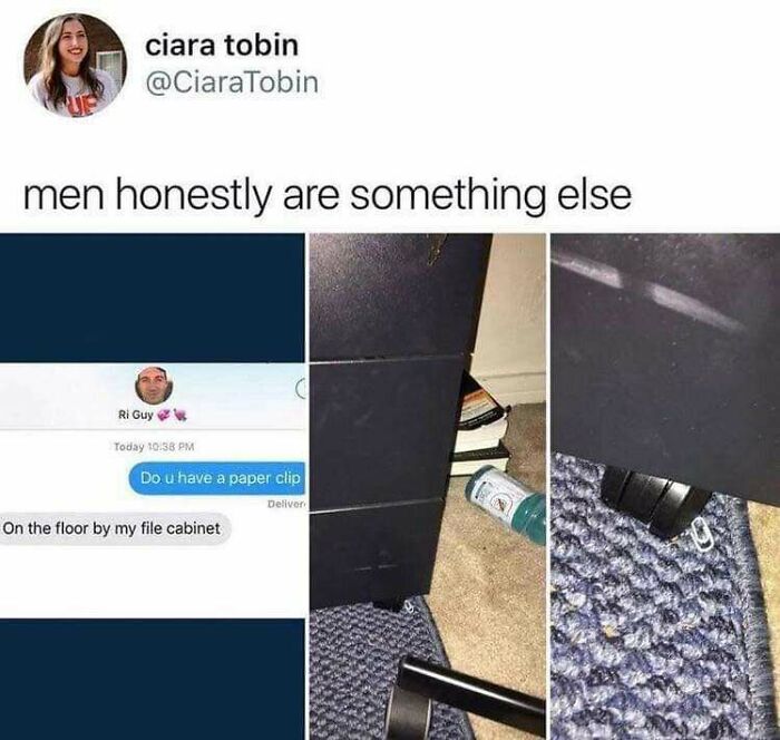 Text message about a paper clip on the floor by a file cabinet with photos showing the clip on a carpet.