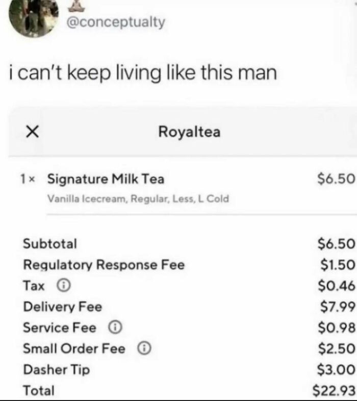 Screenshot of a meme showing a milk tea order with multiple fees resulting in a high total cost, funny random memes concept.
