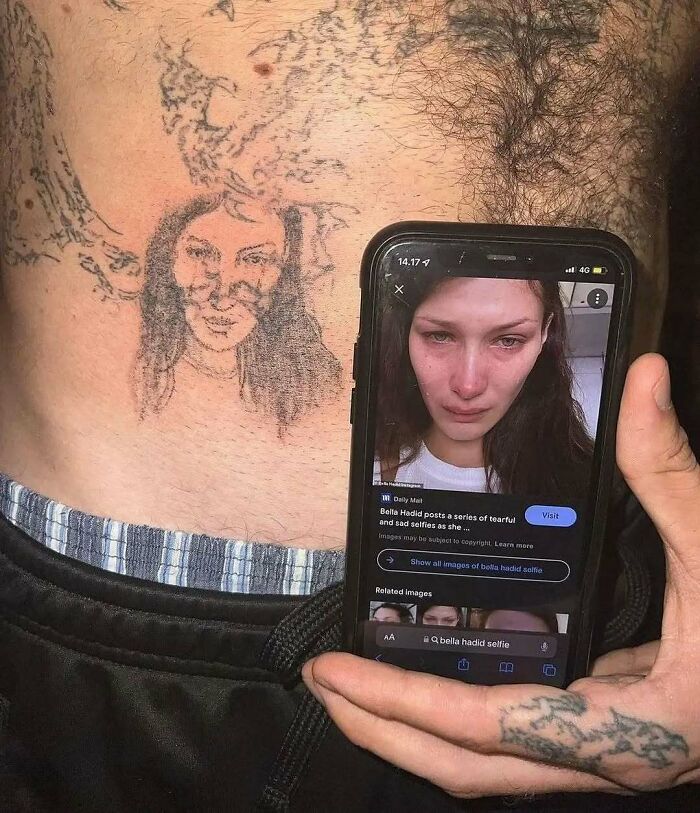 A poorly done tattoo of a woman’s face on skin next to a phone showing the original photo for comparison, funny tattoo.