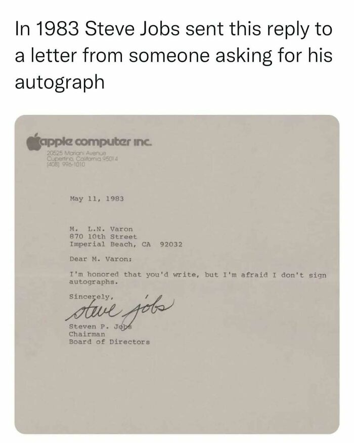 1983 typed letter from Steve Jobs refusing to sign autographs, fitting totally random memes that might make you laugh.