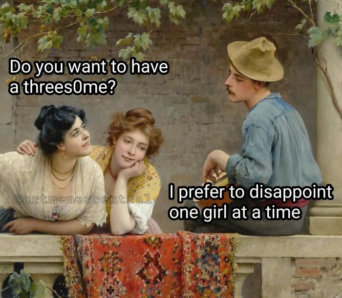 Classical art meme featuring a humorous conversation between two women and a man in vintage clothing.