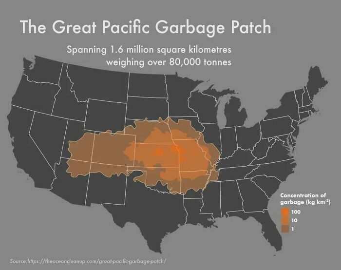 Map showing the Great Pacific Garbage Patch spanning 1.6 million square kilometers with garbage concentration levels.