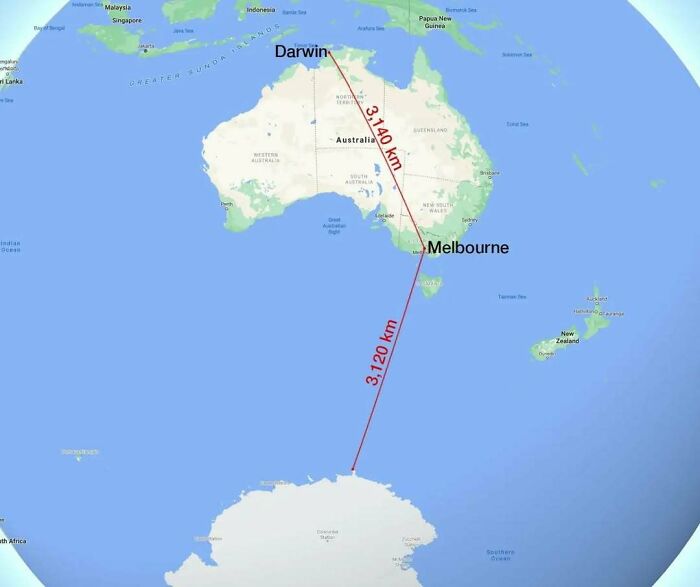 Map showing distances from Darwin and Melbourne in Australia to Antarctica, illustrating curious maps to expand world knowledge.