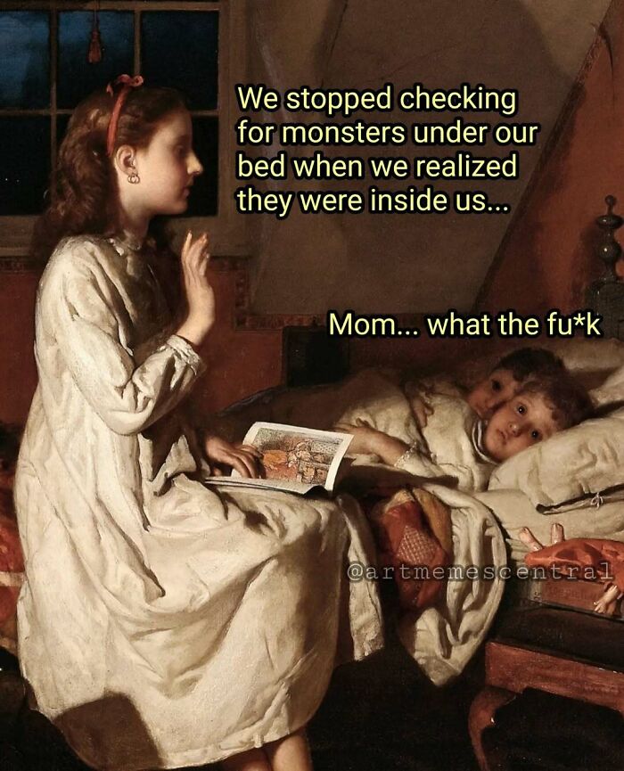 Child reading a classical art painting meme joking about monsters inside us, appealing to classical art lovers and meme fans.