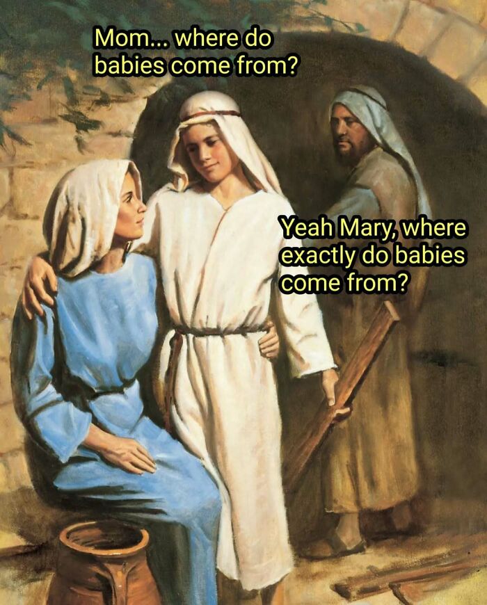 Classical art meme showing a family scene with humorous text about where babies come from for classical art lovers.