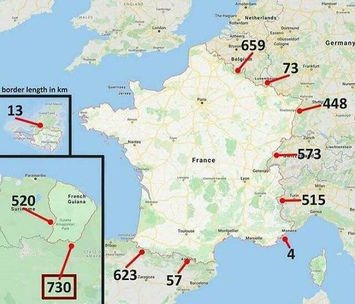 Map showing border lengths in kilometers between France and neighboring countries, featuring curious maps to expand world knowledge.
