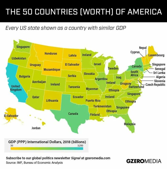 Map showing every US state as a country with similar GDP, illustrating curious maps to expand your knowledge of the world.