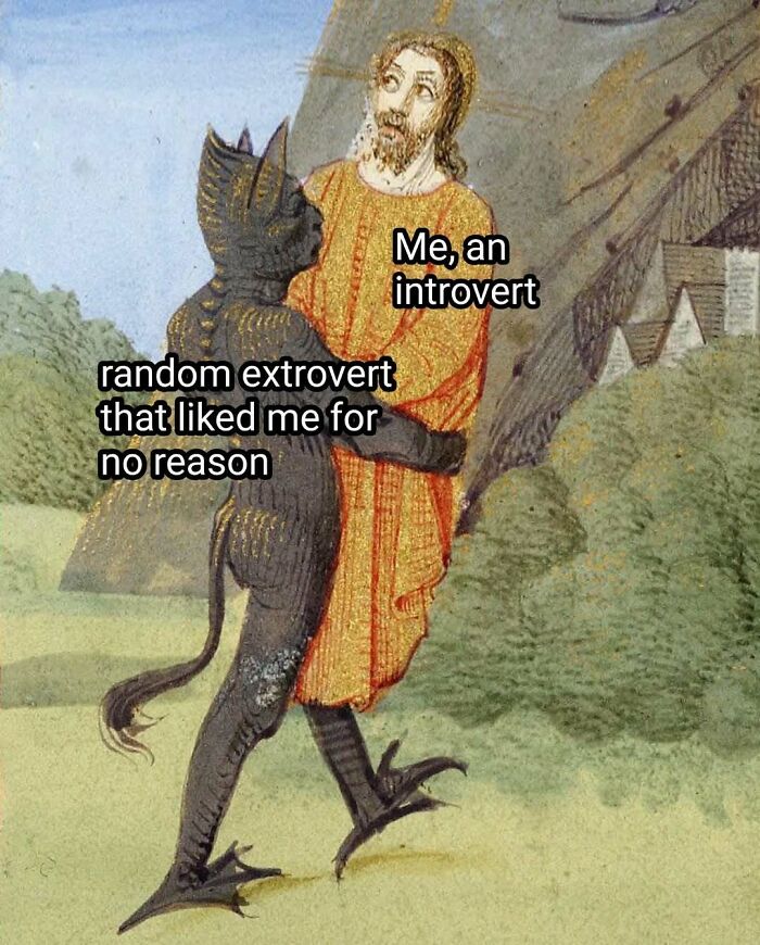 Medieval-style classical art meme showing an introvert embraced by a quirky extrovert character outdoors.