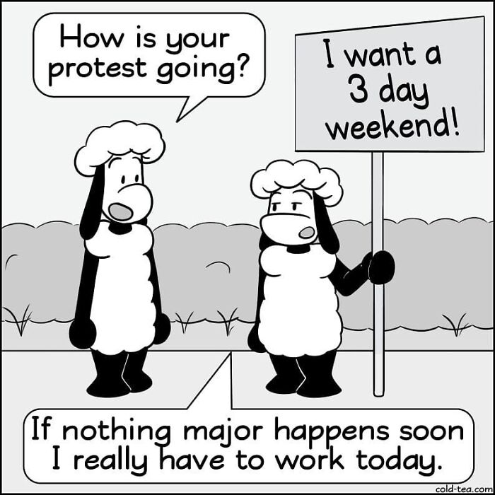 Comic panel of wacky sheep with dry humor protesting for a three-day weekend in a new comic by Kowo.