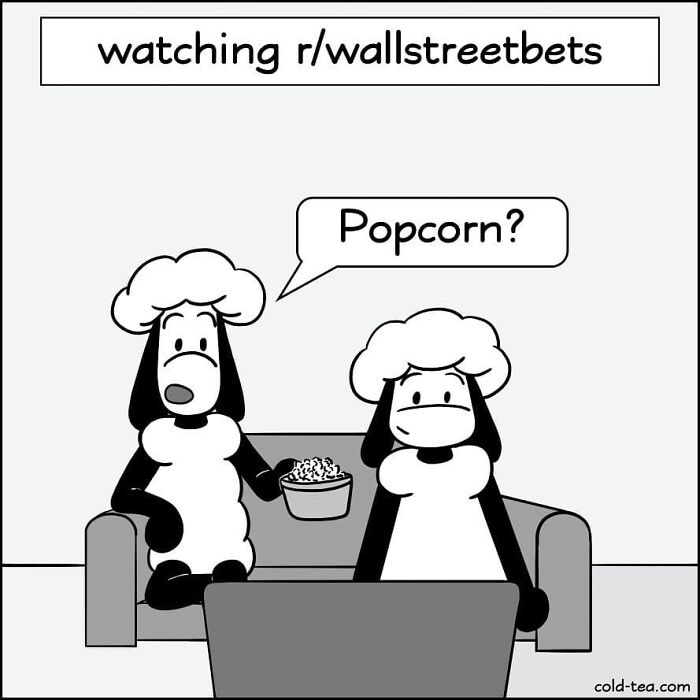 Two wacky sheep with dry humor watch a screen, one offers popcorn, comic style by Kowo on WallStreetBets subreddit.