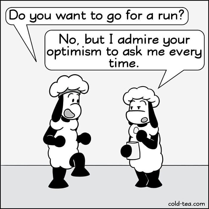 Two wacky sheep characters in a comic style, featuring dry humor about going for a run and optimism.