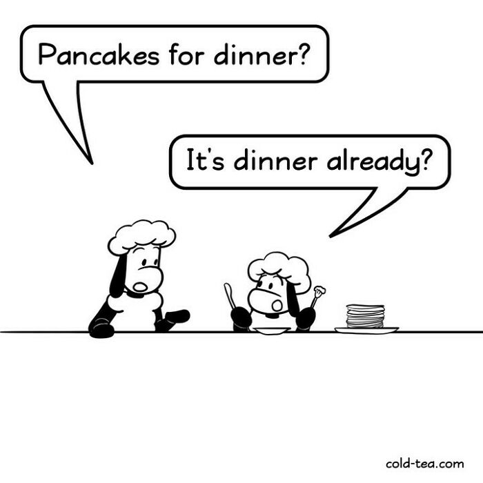 Two wacky sheep characters in a comic with dry humor discussing pancakes for dinner.