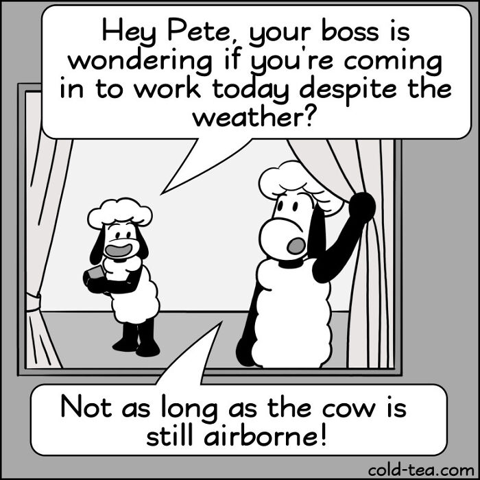 Wacky sheep comic by Kowo shows two sheep talking about work and weather with dry humor in a black and white style.