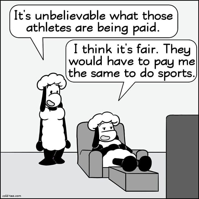 Two wacky sheep characters in a comic discussing athlete pay, featuring Kowo's dry humor style.