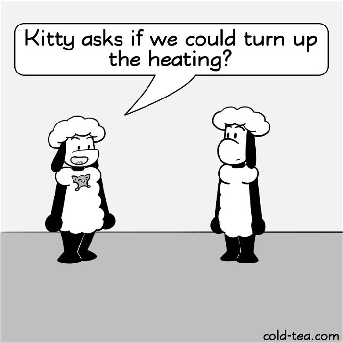 Two wacky sheep comic characters in conversation, featuring dry humor by Kowo in a black and white cartoon style.