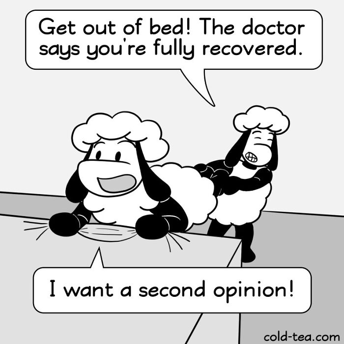Two wacky sheep in a comic strip, one encouraging the other to get out of bed with dry humor.