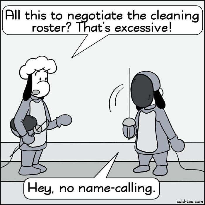 Cartoon of wacky sheep in fencing gear with dry humor discussing a cleaning roster in a comic style by Kowo.