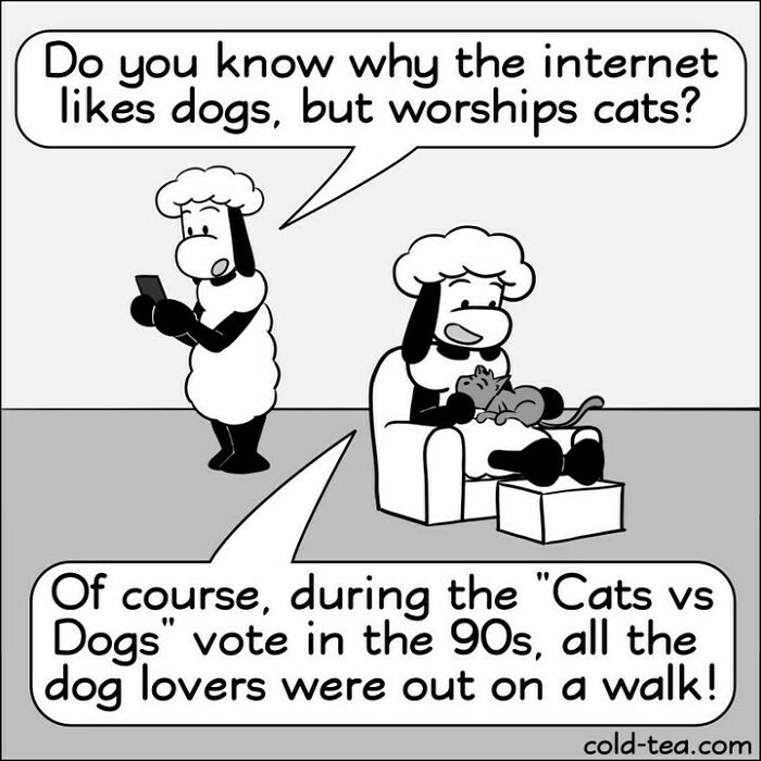 Comic featuring wacky sheep with dry humor discussing internet preferences for dogs and cats.