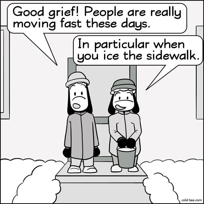 Two wacky sheep characters dressed in winter clothes making a dry humor joke about icy sidewalks.