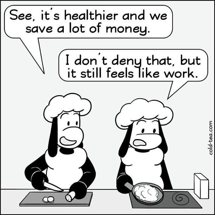 Two wacky sheep with dry humor preparing food in a comic strip by Kowo, featuring a humorous kitchen conversation.