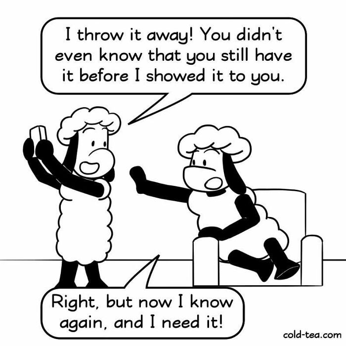 Two wacky sheep characters in a dry humor comic by Kowo, having a playful conversation inside a room.