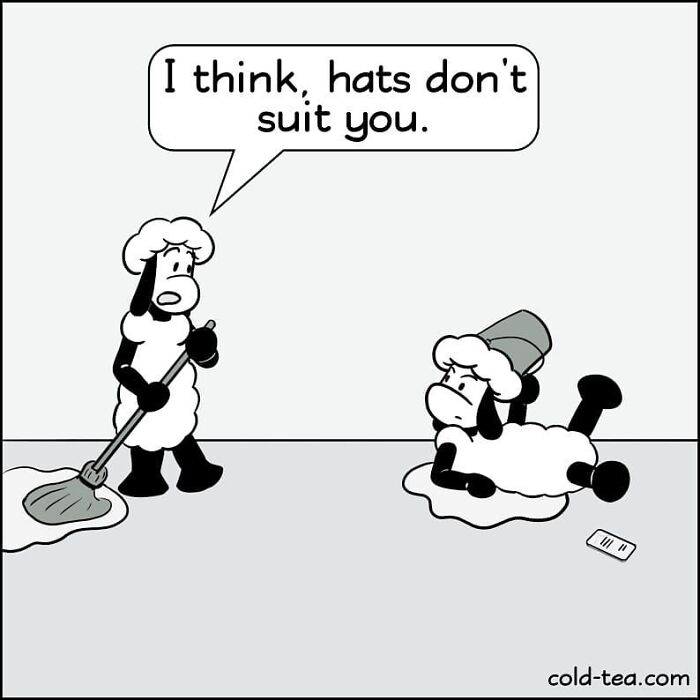 Two wacky sheep in a comic scene with dry humor, one mopping and the other lying down wearing a bucket as a hat.