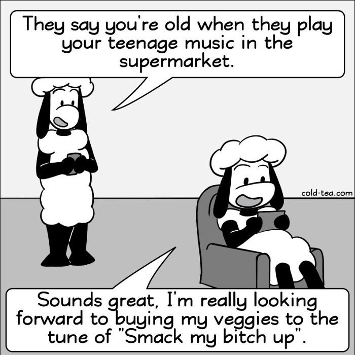 Wacky sheep characters engaging in dry humor about teenage music in a comic by Kowo.