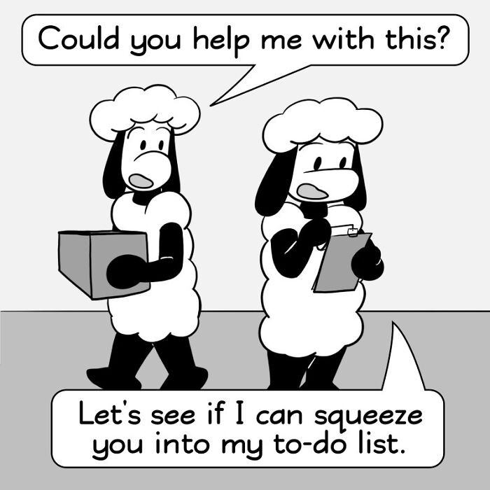 Two wacky sheep comics by Kowo show dry humor with one sheep asking for help and the other checking a to-do list.