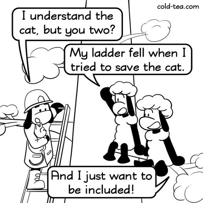 Comic panel featuring wacky sheep with dry humor debating a cat rescue and inclusion in black and white style.