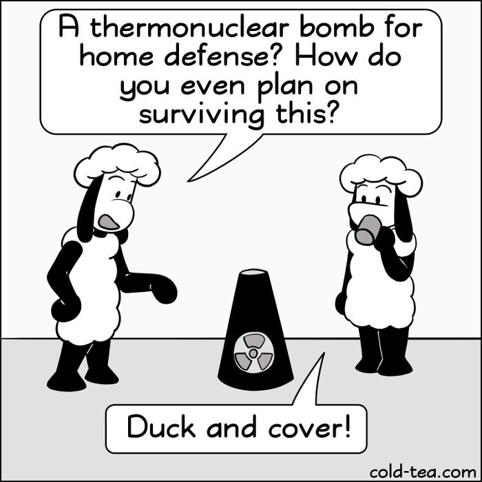 Wacky sheep comic by Kowo features a thermonuclear b**b and dry humor with a sheep saying duck and cover.