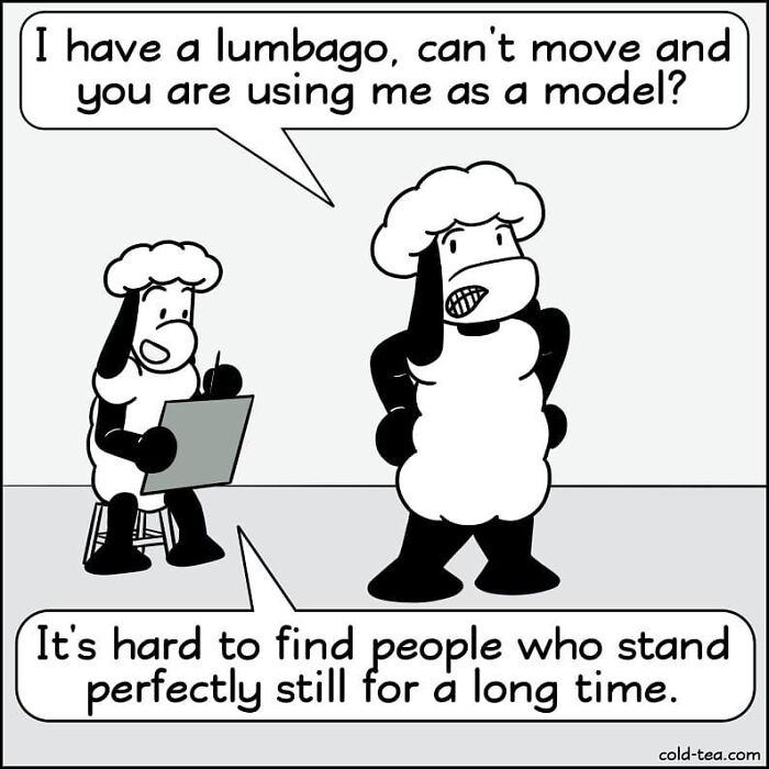 Comic strip featuring wacky sheep with dry humor, one sheep struggling to pose while another sketches.