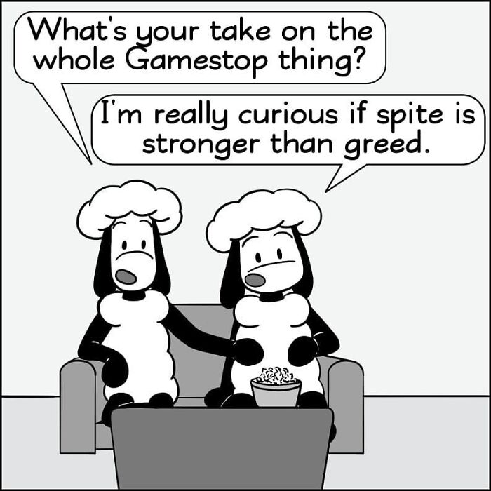 Two wacky sheep with dry humor discuss Gamestop, sitting on a couch with popcorn in a black and white comic style.