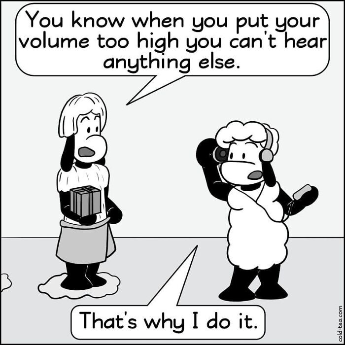 Comic featuring wacky sheep and dry humor, with two characters discussing loud volume and hearing.