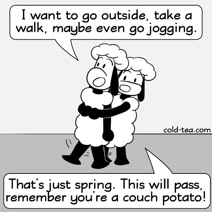 Two wacky sheep in a comic strip with dry humor, one hugging the other who wants to go jogging outside.