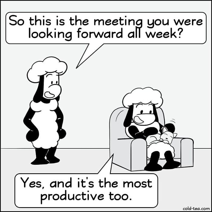 Two wacky sheep characters in a comic strip using dry humor about a meeting and productivity.