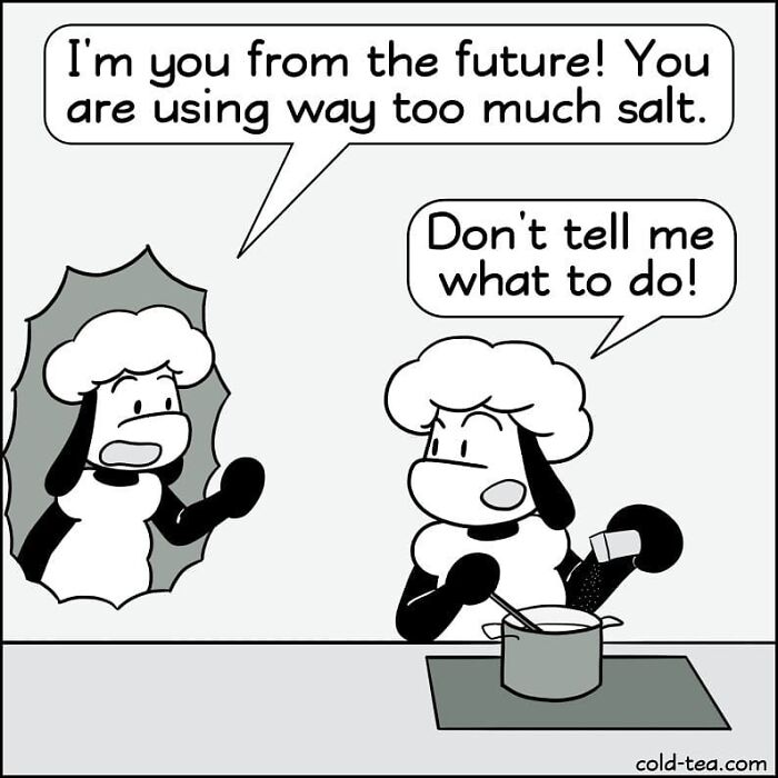 Comic panel featuring wacky sheep with dry humor, one warning about salt while the other resists being told what to do.