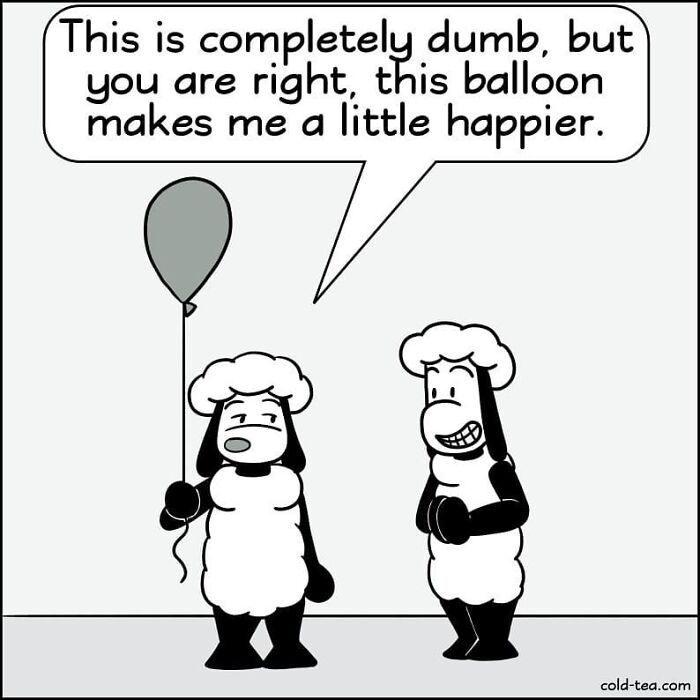 Two wacky sheep characters in a black and white comic with dry humor, one holding a balloon looking slightly happier.
