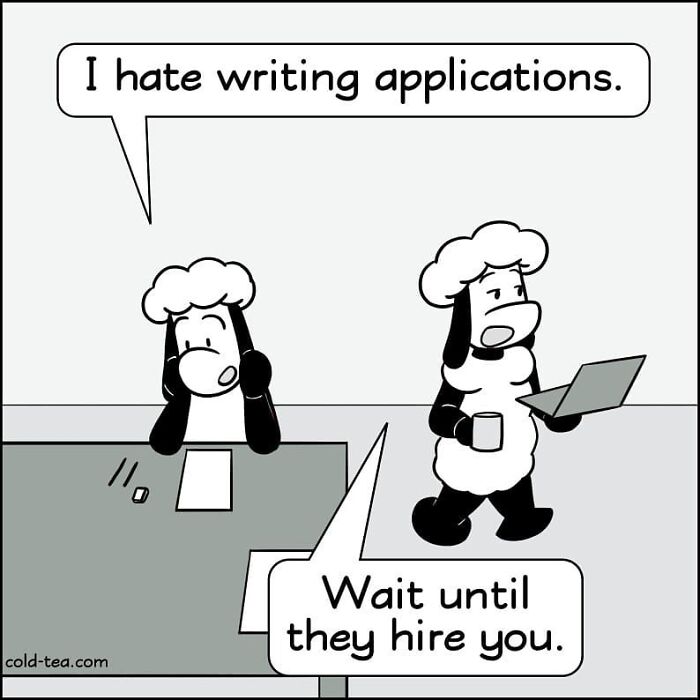 Black and white comic of wacky sheep with dry humor, one sheep frustrated writing, another holding laptop and coffee.