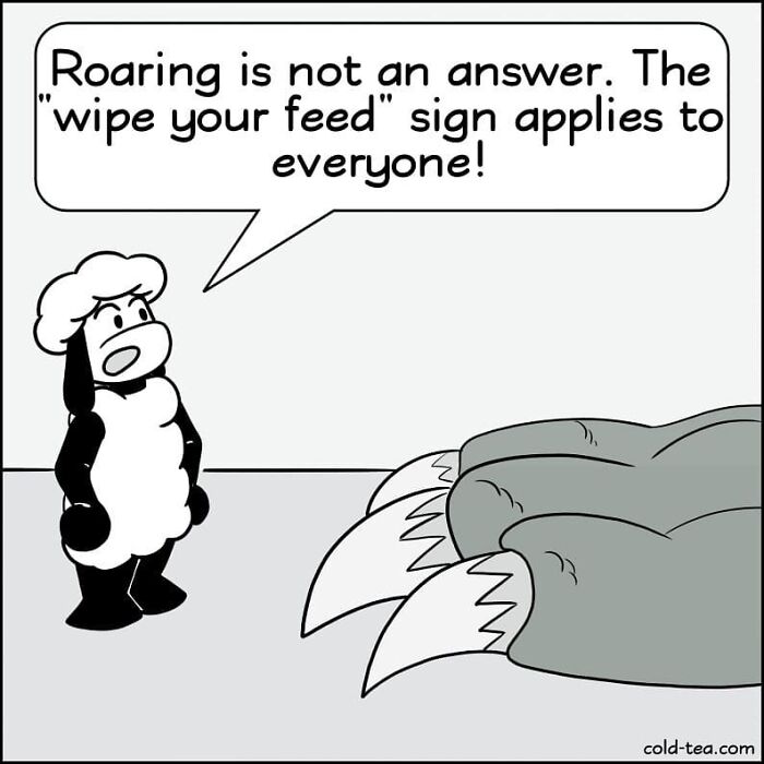 Wacky sheep comic by Kowo with dry humor, featuring a sheep scolding large animal claws about wiping their feed.