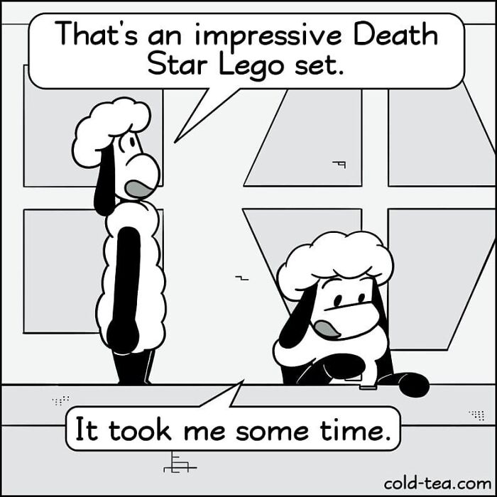 Cartoon featuring wacky sheep with dry humor discussing an impressive Death Star Lego set in black and white.