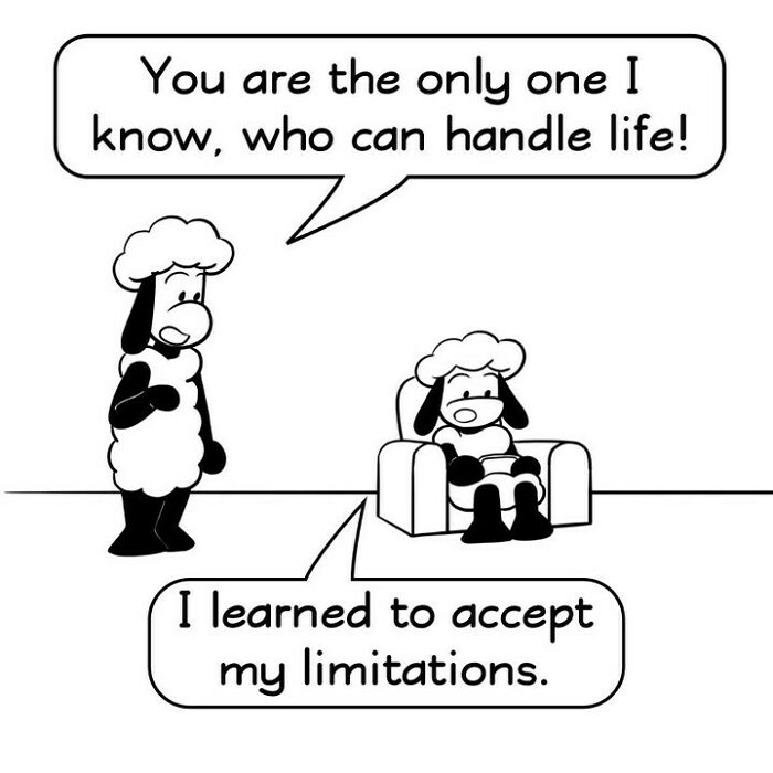 Comic featuring wacky sheep with dry humor discussing handling life and accepting limitations in a simple black and white style.