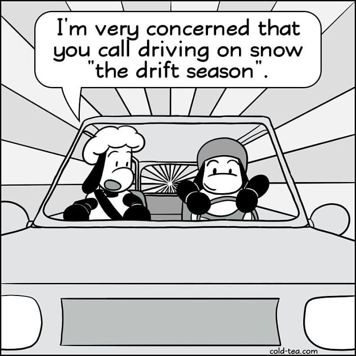 Wacky sheep comic by Kowo showing two characters in a car with dry humor about driving on snow drift season.