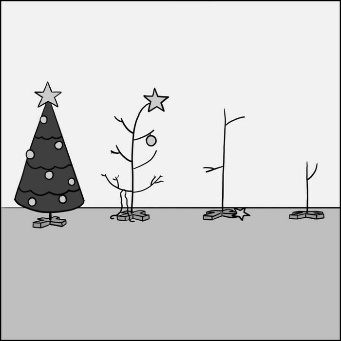 Minimalist comic panels showing the progressive decay of Christmas trees with wacky sheep and dry humor style.